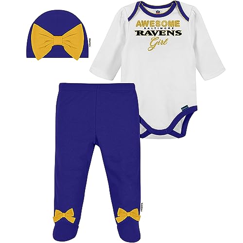 Image of Gerber NFL Baby Girls' 3Pc Bodysuit, Footed Pant, & Cap Set, Baltimore Ravens, 6-9 Months