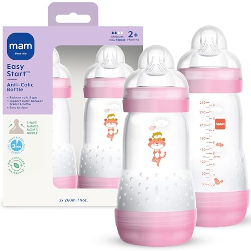 Image of MAM 9oz Easy Start Anti-Colic Wide Neck Vented Baby Bottle, Medium Flow Breastfeeding-Like Nipple, Reduces Colic Gas & Reflux, Easy to Clean, BPA Free, 2+ Months, Made in Europe, 2 Pack, Girl