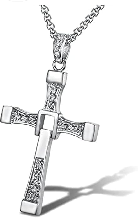 Ozzy Osbourne Cross Necklace, Dominic Toretto Necklace with Small Diamonds Silver, Sterling Silver Cross Pendant Necklace with Cubic Zirconia, Religious Jewelry