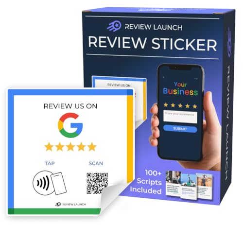 Review Launch Review Sticker Compatible with Google Review Stand | Boost Online Reviews Google Rank with Fast Zappy NFC Tap QR Code Stand | Works Like a Digital Card tap dot Card (Square Sticker, 1)