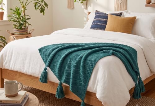 Image of Furnistitchs Plain Solid Knitted Sofa Throw Blanket 50x60 inches / 125x150 cms| Cotton Plain Knit with Tassels | Aesthetic Bohemian Decorative Couch Throws for Living Room & Bedroom (Turquoise)