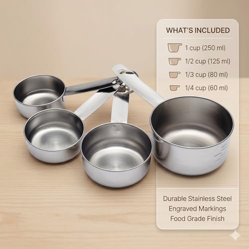 Image of Human Hydro Steel Measuring Cups and Spoons Set Combo for Kitchen Baking Cake, Measure Dry or Liquid Ingredients with Conversion Ebook (8 Pieces)