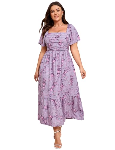 ShopWonder Women Plus Size Dress Short Sleeve Square Neck Floral Maxi Pleated Ruffle A Line Long Dress