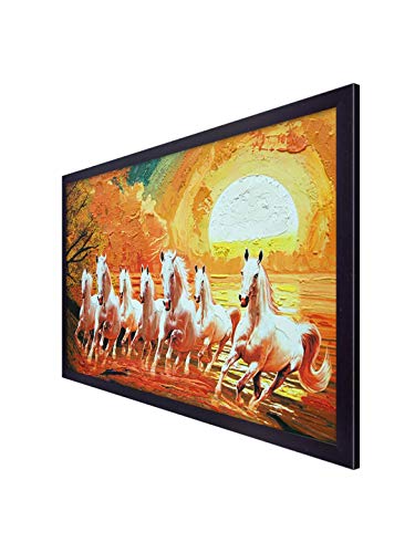 Image of 999STORE Printed Seven White Running Horses Painting Wall Art with Black Frame (Canvas 18X30 Inches Multi) BLFLP18300071