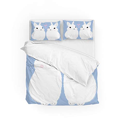 Housse de couette microfibre souple lit double drap motif lapin blanc maison - 2