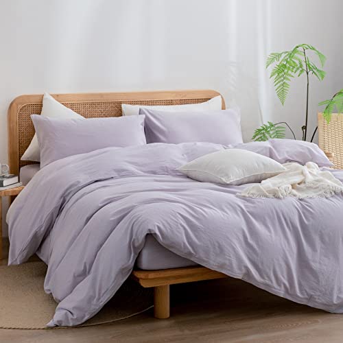 Image of BESTOUCH Cotton Solid Duvet Cover Set Linen Feel Taro Purple Twin | 100% Washed Cotton, Soft Wrinkle Texture, Hidden Zipper, 8 Ties, Breathable Lightweight Durable Comfy, 2 Pcs No Insert