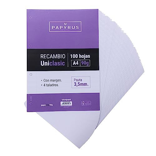 Unipapel Recambio de Hojas con Pauta 3,5 mm, 90 g, con Margen, 4 Taladros, Paper, Multicolor, A4, 100 Unidades