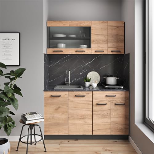 Vicco-Singlekueche-R-Line-Goldkraft-EicheAnthrazit-140-cm-ohne-Arbeitsplatte - sparfuchs24.io – Top Angebote, Tests & Preisvergleiche