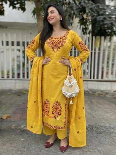 Image of GoSriKi Kurta Sets for Women Viscose Embroidered | Kurta Pant Dupatta Set | Straight Kurti Set for Women | Round Neck 3 /4 Sleeve Ethnic Suit | Designer Indian Kurti Outfit with Pants
