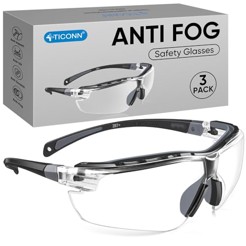 TICONN Anti-Fog Safety Glasses for Men and Women, ANSI Z87.1 Scratch Proof Eye Goggles with Adjustable Arms and UV Protection 3 Pack/Clear