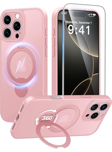 Image of FNTCASE for iPhone 16 Pro-Max Case: [360 Spin Magnetic Stand] [Compatible with Magsafe] [Screen Protector] Translucent Matte Military Grade Shockproof Full Camera Protective Phone Cover - Pink