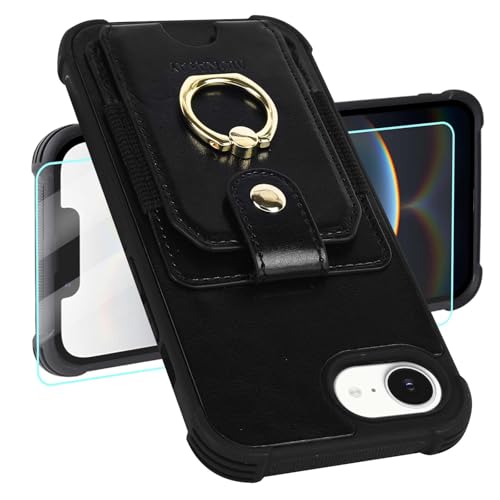 Étui portefeuille iPhone SE4 5G avec anneau rotatif 360 et porte-cartes noir