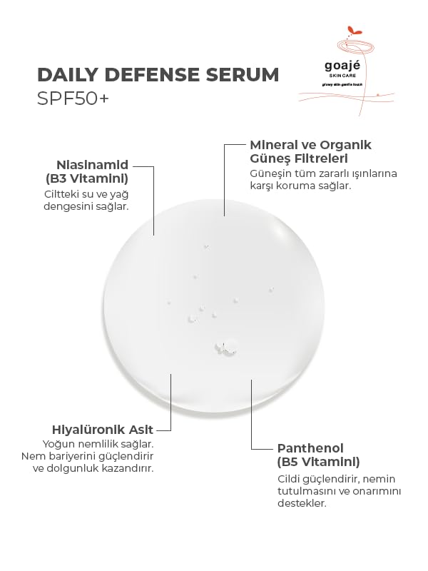Goaje SKINCARE Yüz Güneş Serumu 50+ Faktör Leke Karşıtı ve Beyaz İz Bırakmayan Nemlendirici Güneş Koruyucu Tüm Cilt Tipleri 30 ml