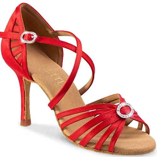 Chaussures de danse latine Rummos Celine 049 en satin rouge pointure 40 talon flare