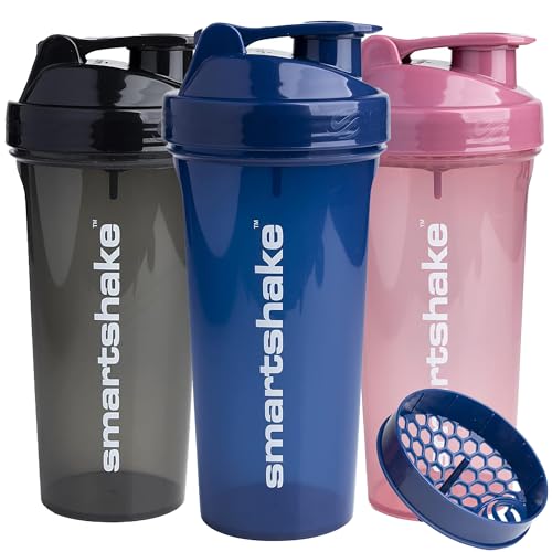 Smartshake Glossy 3-Pack Lite Protein Shaker Bottle 800 ml | 27 oz - Leakproof Screw-on Lid - BPA Free – Unisex - (Black, Deep Rose, Navy Blue)