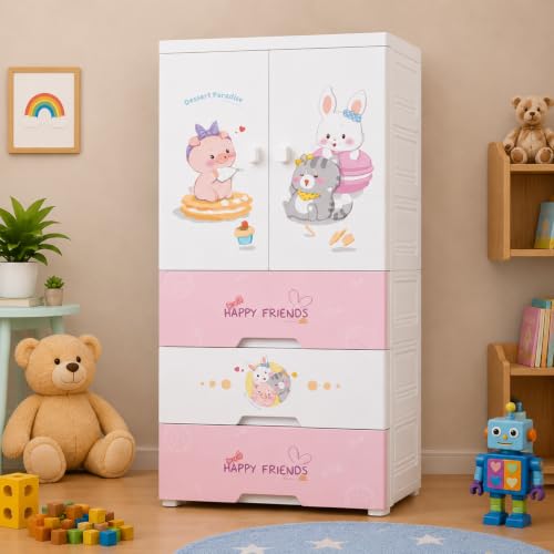 Image of Kids Plastic Collapsible Wardrobe Organizer for Storage with Drawers | Cute Cartoon Design | Heavy Duty Runner Rug Floor Mat Carpets Organizer Bedroom, Living Room (Sweet-Heart, 1+3-Door)