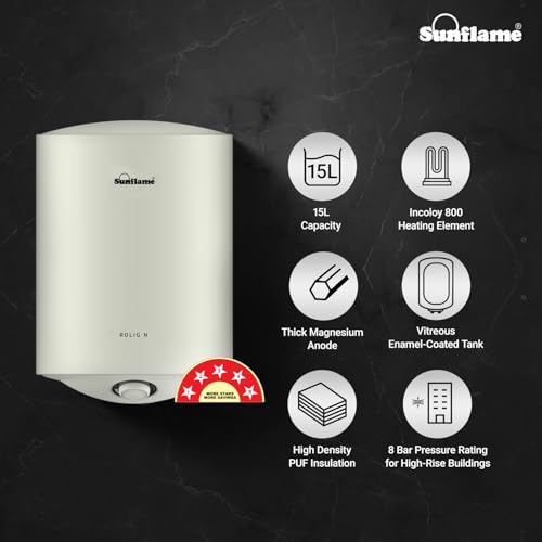 Image of Sunflame Rolig N Geyser 15 Litre Wall Mount Water Heater for Home | 5 Star Rating | Vitreous Enamel Tank Coating | Advanced Multi-layered Safety | Suitable for Hard Water & High-rise Buildings | White