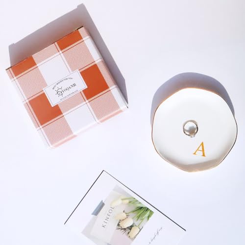 Image of Ceramic Jewelry Tray Initial Ring Dish Personalized A-Monogrammed Engagement Wedding Gifts, for Birthday Mother's Day Christmas for Women, Ceramic White 4.75 inch (A)