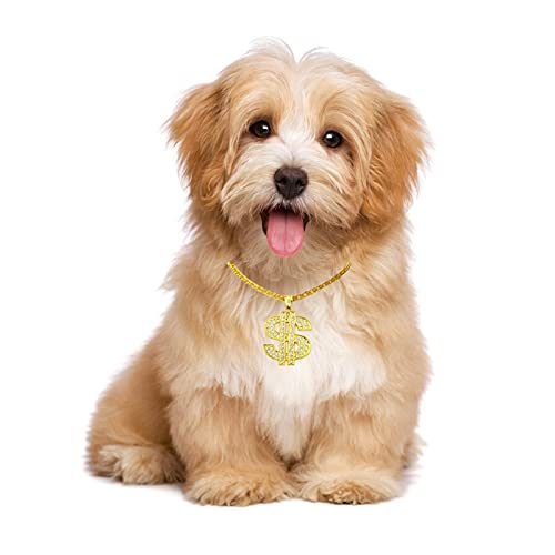 Funka Gold Chain Dog Collar Adjustable Cuban Link Dog Necklace With Crystal Dollar Sign Pendant Cute Fashion Pet Jewelry Chain Puppy Cat Costume Outfits Accessories With Extender Chain #TOP6
