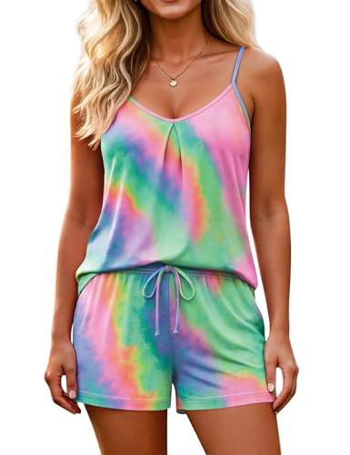 Marvmys Cute 2 Pieces Summer Clothes Set for Women Pjs Shorts Set A-line Cami Tops Sleepwear with Pockets Tie Dye M