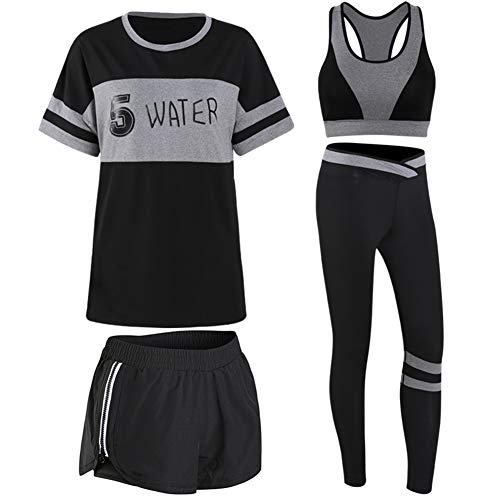 TIAN Women's yoga wear, quick-drying clothes, casual fitness sportswear, four-piece suit, comfortable and breathable, good elasticity, suitable for yoga/fitness (white/pink/gray),Gray,M