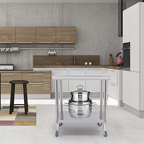 Table de travail en acier inoxydable avec étagère basse et roulettes de blocage stables