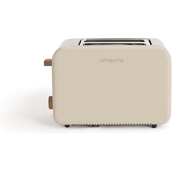 CREATE Toast Retro Toaster Sand, 6 Power Levels, Crumb Drawer, Thermostat, Defrosting, Reheating, 2 Wide Disc Slots, 850 W
