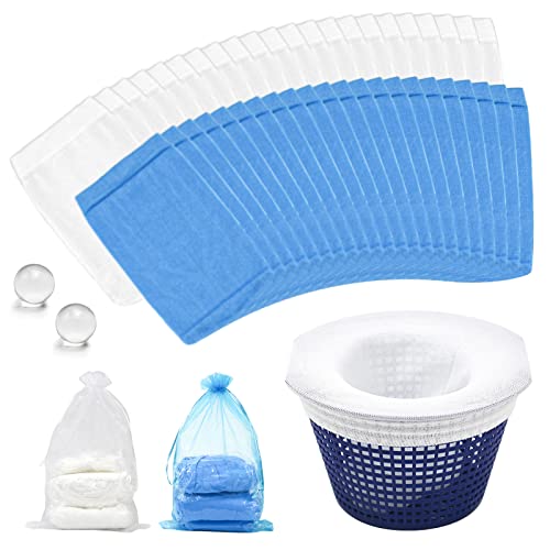 REYSHIN 44 Stück Pool-Skimmer-Socken, feines Netzgewebe, Pool-Skimmer-Korb, Sockenfilter, Skimmer-Socken im Boden oder oberirdischen Pool mit Kristallkugel für Filter Schmutzblätter (weiß + blau) Cover