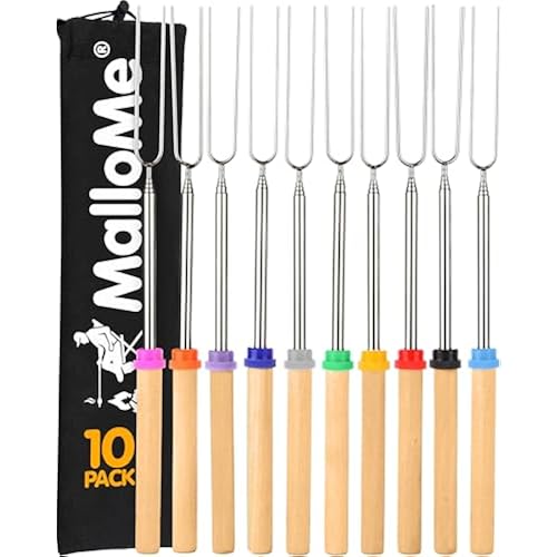 MalloMe Smores Sticks for Fire Pit - Accessories for Campfire Marshmallow Roasting Sticks Smores Kit Outdoor - Smore Skewers Hot Dog Fork For Outside, Camping Essentials Bonfire Gear Long 32" 10 Pack