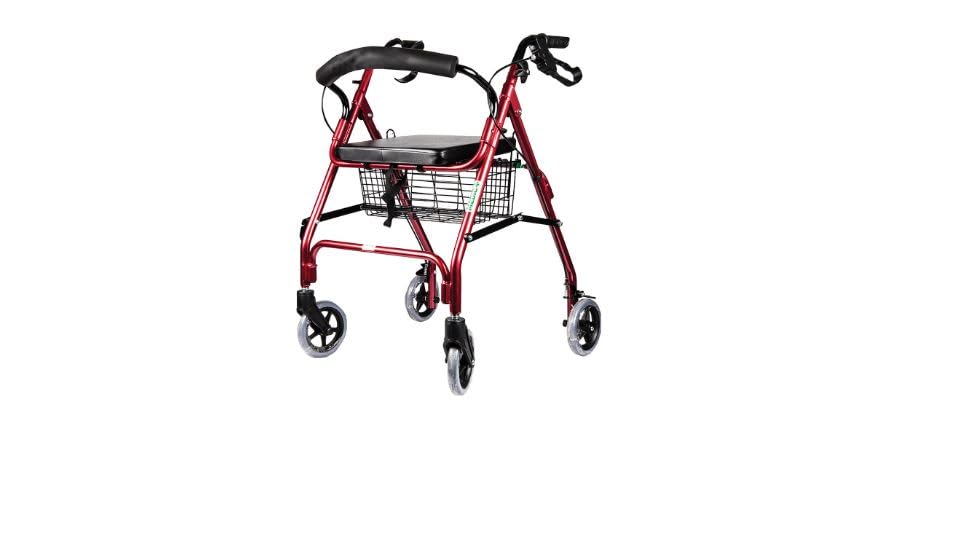 Prime Mart Folding Rollator Walker with Padded Seat, Red Metal