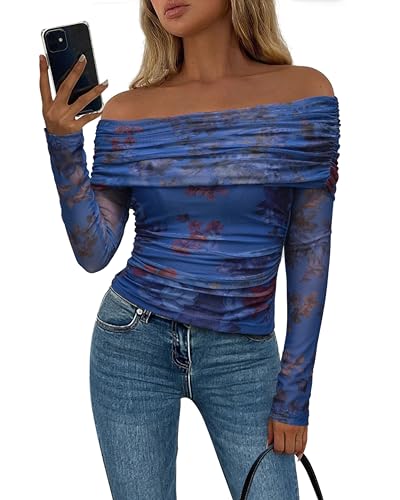 PRETTYGARDEN Women's Fall Tops 2025 Off The Shoulder Long Sleeve Fitted Y2k Shirts Floral Ruched Mesh Going Out Outfits(Floral Blue,Medium)