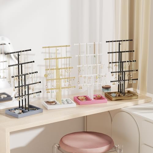 Love-KANKEI Jewelry Organizer Stand,5 Tier Large Necklace Holder with Wood Base,Jewelry holder stand Tree for Display,Bracelets Earrings Rings,Height Adjustable Gift White and Gold by Love-KANKEI - Image 8