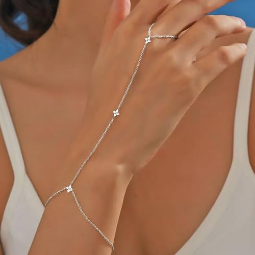 XAYAH Lucky Leaf Finger Chain Ring Bracelet for Women 925 Sterling Silver Body Ring Bracelet 14K Gold Plated Stackable Pendant Flower CZ Hypoallergenic to Daughter Mother Wedding Birthday Jewelry Gift4