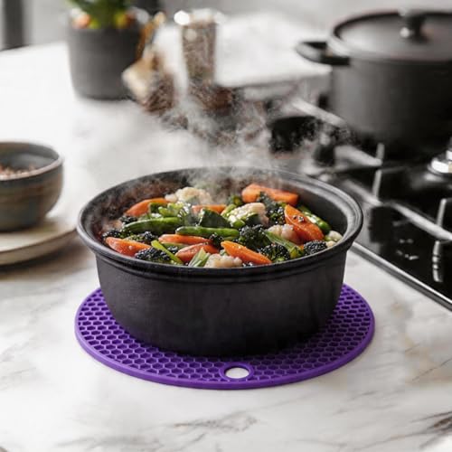 Image of Silicone Trivet Mats,Heat Resistant Pot Holders, Multipurpose Non-Slip Hot Pads for Kitchen Potholders, Hot Dishers, Jar Opener, Spoon Holder, Food Grade Silicone(Purple Size Round 7''x7'')