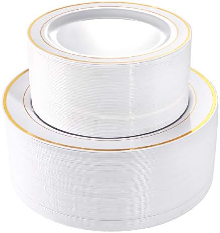 I00000 102 Pieces Gold Plastic Plates, Disposable Party Plates White Gold Rim, 51 Heavy Duty Gold Dinner Plates 10.25 Inch and 51 Disposable Dessert Appetizer Elegant Fancy Wedding Plates 7.5 Inch