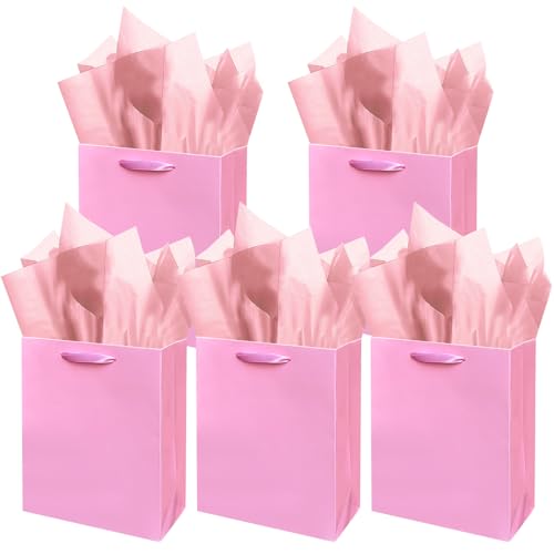 Gcardist Pink Gift Bags with Tissue Paper for Wedding, Birthday, Party - Medium Size Cardboard Gift Bags (5pcs + 10pcs Tissue Paper)