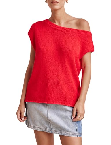 Image of Lviefent Womens Off Shoulder Sweater Y2K Short Sleeve Ribbed Knit Pullover Date Night Top Blouse (Red-S)