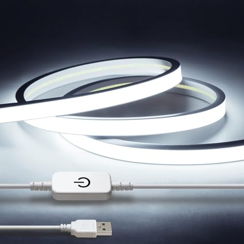Image of 5V USB LED Neon Lights Strip, White Dimmable Rope Lights, 6.56ft Neon COB LED Strip Light, Flex Waterproof Neon Sign for Indoors Bedroom TV Backlight Cabinets DIY Decor (White)