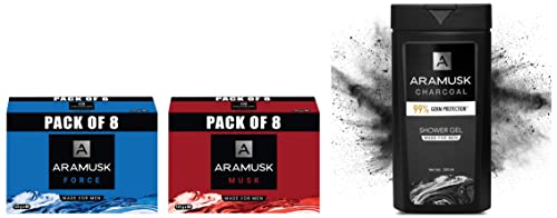 Image of Aramusk Musk Soap, 125g(Pack of 8) & Aramusk Charcoal Shower Gel for Men, Face & Body Wash, With Activated Charcoal, Germ Protection & Deep Cleansing, 250ml & Aramusk Force Soap, 125g(Pack of 8)