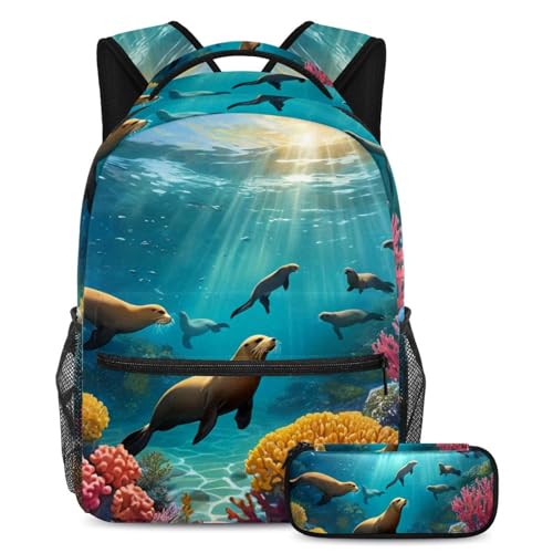 Sac à dos enfant robuste et spacieux 2 pièces motif lion de mer pour éviter les affaires perdues
