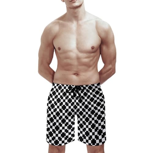 Hawaiian Shorts for Men - Comfy Black and White Checkered Print Mens Swim Trunks Bathing Suits with Mesh Lining2