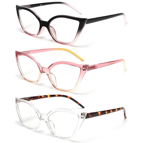 Kodilin 3 stuks leesbril voor dames, anti-blauw licht, Cat Eye, pc-bril met veerscharnier, 3,5 zwart, roze transparant