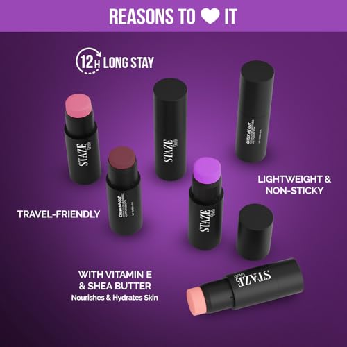 Image of Staze 9to9 Cheek Me Out Multipurpose Blush Stick Tint | On The Go Lip + Cheek + Eye Makeup | Highly Pigmented + Blendable | 12Hrs Long Stay | Natural, Creamy Finish | Travel-Friendly | 01 Peck | 6g