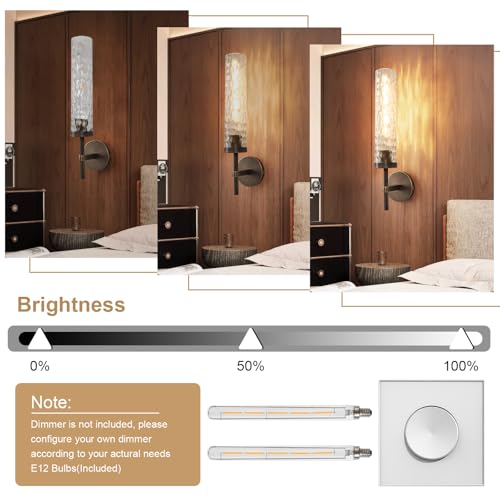 Image of Bronze Wall Sconces, 19.5 inch Brushed Brass Knurled Bathroom Wall Sconces with Water Ripple Glass Shade, Dimmable Indoor Vanity Wall Light Fixtures for Living Room Hallway Bedroom Staircase