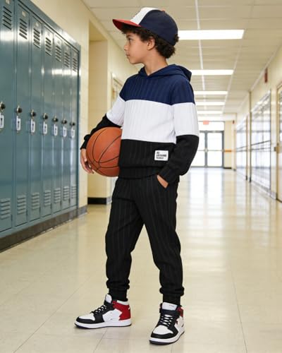 Image of 5-11Y Boys Clothes Long Sleeve Hooded Pullover Colorblock Sweatshirt + Pants 2pcs Fall Winter Outfit Set