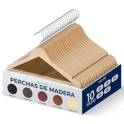 SereneLifeHome Perchas Madera, Ropa, Pack de 10, Antideslizantes, con Gancho Giratorio de 360°
