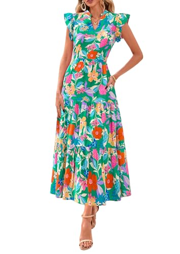 Image of PRETTYGARDEN Women's 2026 Summer Floral Midi Dress Cap Sleeve V Neck Ruffle Long Flowy Boho Casual Beach Vacation Dresses
