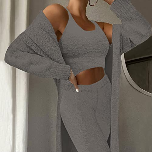 Image of Fixmatti Women's Fuzzy 3 Piece Sweatsuit Open Front Cardigan Crop Tank Tops Wide Legs Pants Lounge Sets