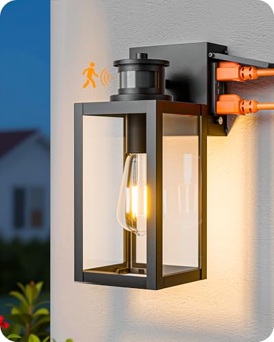 EDISHINE Porch Lights with GFCI Outlet Motion Sensor & 3 Modes Modern Outdoor Wall Lights 12 H Dusk to Dawn Exterior Light Fixture Waterproof Wall Lantern for Front Door Garage Black