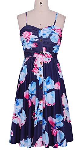 Image of Women's Summer Casual Dress Florals Buttons Down Ruched Sweetheart Neck Sleeveless Midi Sundress